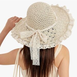 🔸️⏭️NWT Cream Wide Brim Ruffled Lace Straw Hat